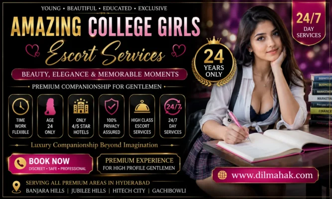 Stylish college escort girls in Hyderabad offering luxury companion and escort services in premium 4-star and 5-star hotels.